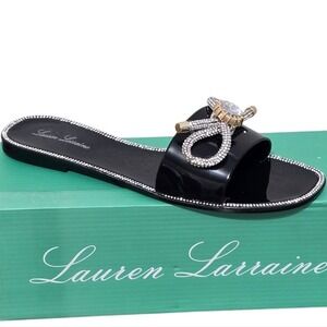 Lauren Lorraine Breeze Black Silver Gold Rhinestone Bow Jelly Slide Sandal 8